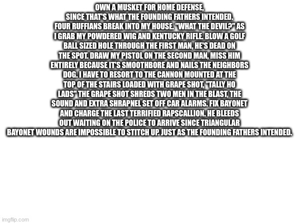Own a musket for home defense, since that's what the founding fathers intended. Four ruffians break into my house. "What the dev | OWN A MUSKET FOR HOME DEFENSE, SINCE THAT'S WHAT THE FOUNDING FATHERS INTENDED. FOUR RUFFIANS BREAK INTO MY HOUSE. "WHAT THE DEVIL?" AS I GRAB MY POWDERED WIG AND KENTUCKY RIFLE. BLOW A GOLF BALL SIZED HOLE THROUGH THE FIRST MAN, HE'S DEAD ON THE SPOT. DRAW MY PISTOL ON THE SECOND MAN, MISS HIM ENTIRELY BECAUSE IT'S SMOOTHBORE AND NAILS THE NEIGHBORS DOG. I HAVE TO RESORT TO THE CANNON MOUNTED AT THE TOP OF THE STAIRS LOADED WITH GRAPE SHOT, "TALLY HO LADS" THE GRAPE SHOT SHREDS TWO MEN IN THE BLAST, THE SOUND AND EXTRA SHRAPNEL SET OFF CAR ALARMS. FIX BAYONET AND CHARGE THE LAST TERRIFIED RAPSCALLION. HE BLEEDS OUT WAITING ON THE POLICE TO ARRIVE SINCE TRIANGULAR BAYONET WOUNDS ARE IMPOSSIBLE TO STITCH UP. JUST AS THE FOUNDING FATHERS INTENDED. | made w/ Imgflip meme maker