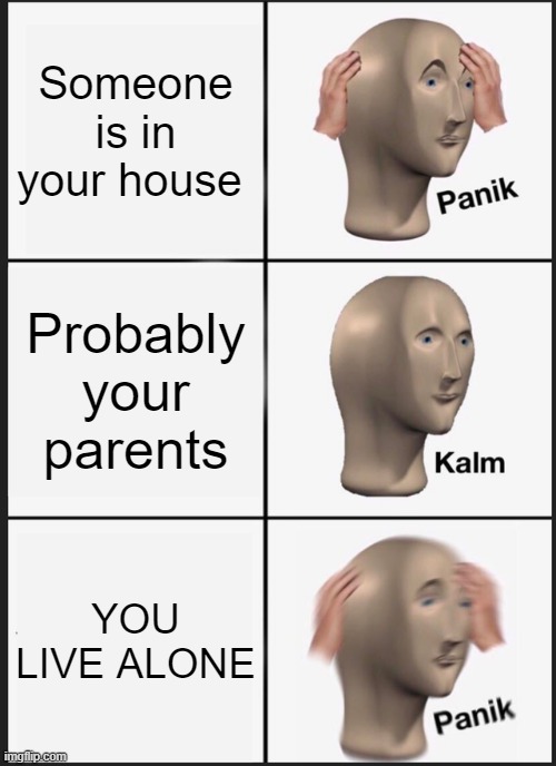 Panik Kalm Panik | Someone is in your house; Probably your parents; YOU LIVE ALONE | image tagged in memes,panik kalm panik | made w/ Imgflip meme maker