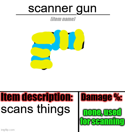 Yes, it's got gold and diamond plating, how could you tell? | scanner gun; scans things; none, used for scanning | image tagged in item-shop template | made w/ Imgflip meme maker