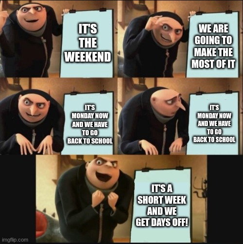 short school week! | IT'S THE WEEKEND; WE ARE GOING TO MAKE THE MOST OF IT; IT'S MONDAY NOW AND WE HAVE TO GO BACK TO SCHOOL; IT'S MONDAY NOW AND WE HAVE TO GO BACK TO SCHOOL; IT'S A SHORT WEEK AND WE GET DAYS OFF! | image tagged in 5 panel gru meme | made w/ Imgflip meme maker