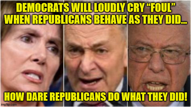 Turnabout is fair play, just not for Democrats | DEMOCRATS WILL LOUDLY CRY “FOUL” WHEN REPUBLICANS BEHAVE AS THEY DID... HOW DARE REPUBLICANS DO WHAT THEY DID! | image tagged in crying democrats | made w/ Imgflip meme maker