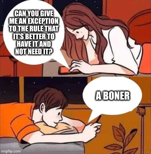 Now take it | CAN YOU GIVE
ME AN EXCEPTION
TO THE RULE THAT
IT'S BETTER TO
HAVE IT AND
NOT NEED IT? A BONER | image tagged in boy and girl texting | made w/ Imgflip meme maker