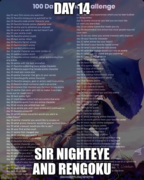 To lazy to add pics | DAY 14; SIR NIGHTEYE AND RENGOKU | image tagged in 100 day anime challenge | made w/ Imgflip meme maker