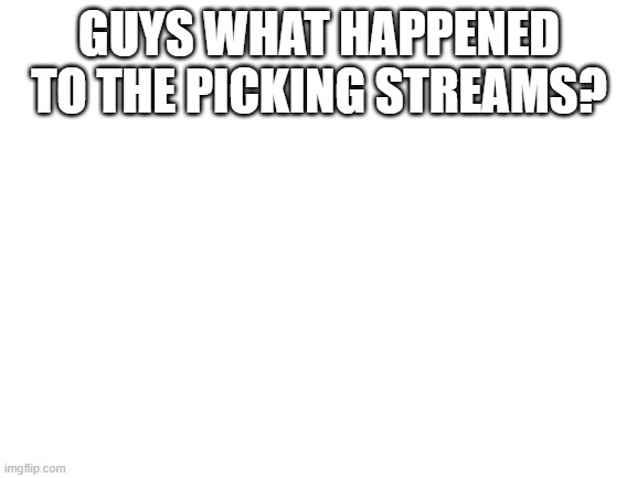 wth | GUYS WHAT HAPPENED TO THE PICKING STREAMS? | image tagged in blank white template,idk | made w/ Imgflip meme maker