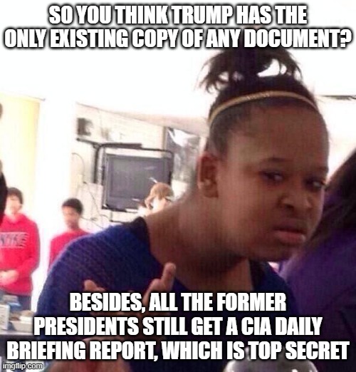 Black Girl Wat Meme | SO YOU THINK TRUMP HAS THE ONLY EXISTING COPY OF ANY DOCUMENT? BESIDES, ALL THE FORMER PRESIDENTS STILL GET A CIA DAILY BRIEFING REPORT, WHI | image tagged in memes,black girl wat | made w/ Imgflip meme maker