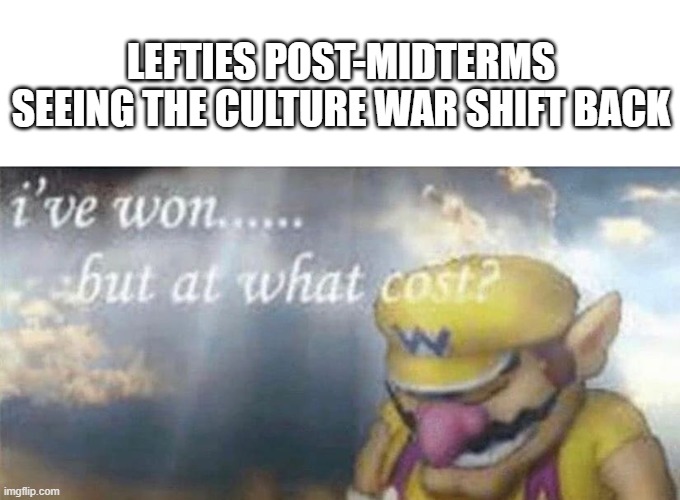 I've won but at what cost | LEFTIES POST-MIDTERMS SEEING THE CULTURE WAR SHIFT BACK | image tagged in i've won but at what cost | made w/ Imgflip meme maker