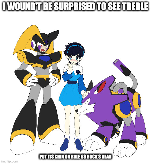 Genderbend Rock With Bass and Treble | I WOUND'T BE SURPRISED TO SEE TREBLE; PUT ITS CHIN ON RULE 63 ROCK'S HEAD | image tagged in megaman,bass,treble,memes | made w/ Imgflip meme maker