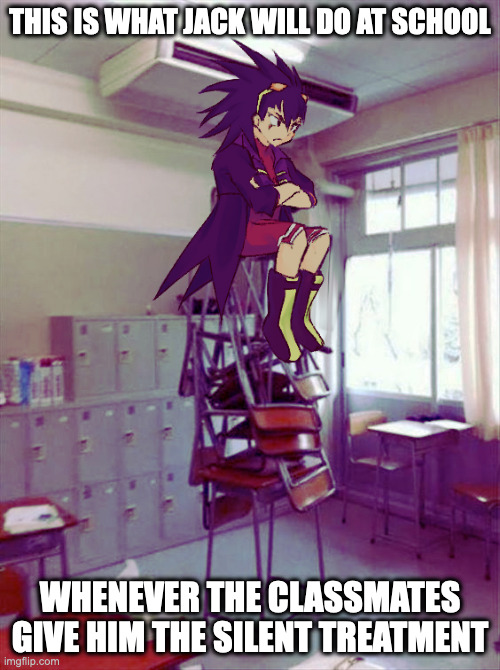 Jack Sitting in a Tower of Chairs | THIS IS WHAT JACK WILL DO AT SCHOOL; WHENEVER THE CLASSMATES GIVE HIM THE SILENT TREATMENT | image tagged in chair,school,megaman,megaman star force,jack,memes | made w/ Imgflip meme maker