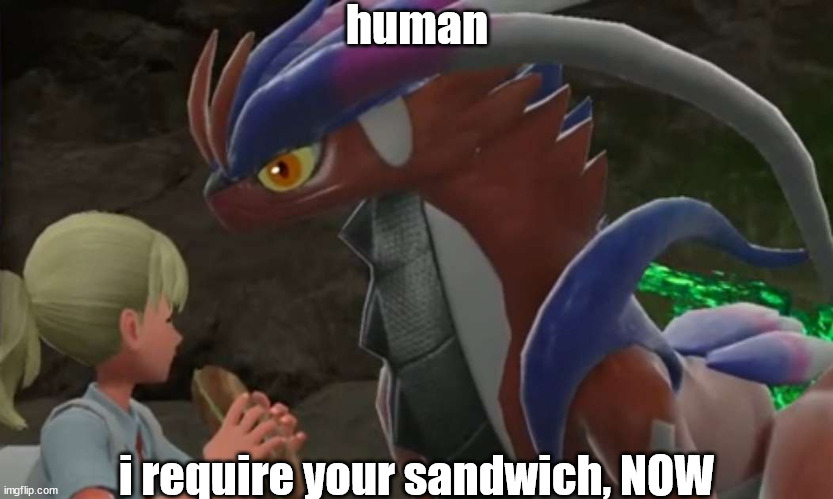 human; i require your sandwich, NOW | image tagged in pokemon scarlet,fast food | made w/ Imgflip meme maker