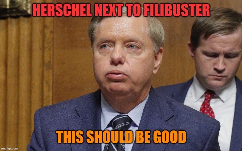 lindsey graham | HERSCHEL NEXT TO FILIBUSTER THIS SHOULD BE GOOD | image tagged in lindsey graham | made w/ Imgflip meme maker