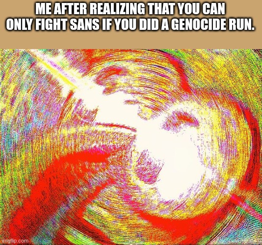 Deep fried hell | ME AFTER REALIZING THAT YOU CAN ONLY FIGHT SANS IF YOU DID A GENOCIDE RUN. | image tagged in deep fried hell | made w/ Imgflip meme maker