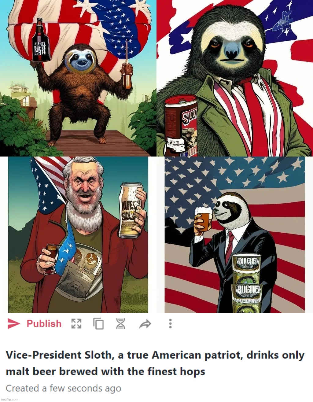 3 of these panels depict me; the bottom-left panel depicts a man who passionately identified himself as a "Sloth supporter" | image tagged in vice-president sloth drinks malt beer,sloth supporter,sloth,finest,malt,maltgate | made w/ Imgflip meme maker