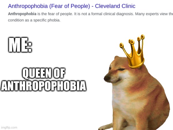 All Hail! | ME:; QUEEN OF ANTHROPOPHOBIA | image tagged in fear | made w/ Imgflip meme maker