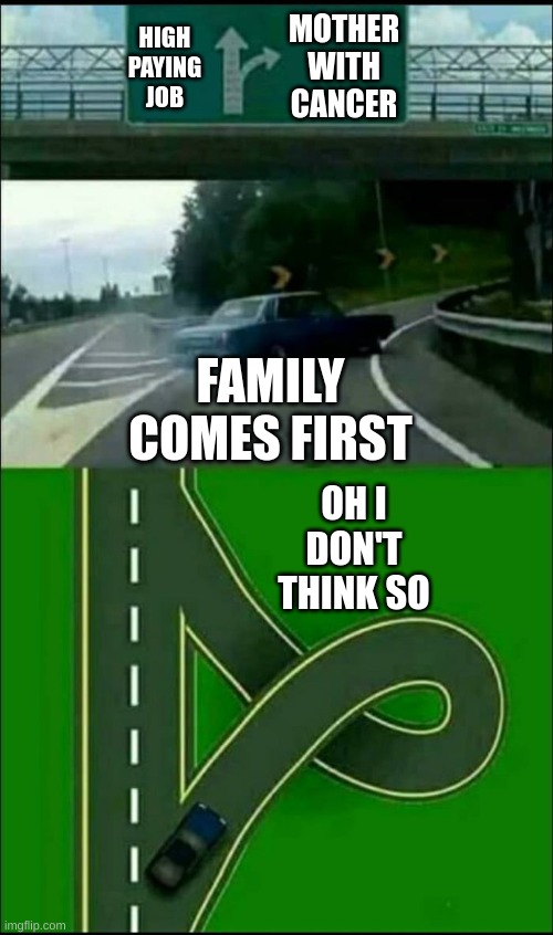 Left Exit 12 Loop | HIGH PAYING JOB MOTHER WITH CANCER FAMILY COMES FIRST OH I DON'T THINK SO | image tagged in left exit 12 loop | made w/ Imgflip meme maker