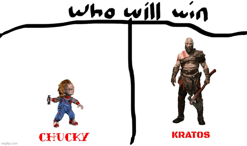 chucky vs kratos | KRATOS; CHUCKY | image tagged in who will win,chucky,god of war,battle | made w/ Imgflip meme maker