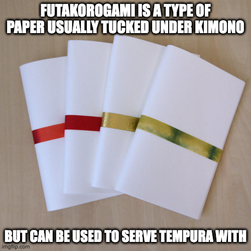 Futokorogami | FUTAKOROGAMI IS A TYPE OF PAPER USUALLY TUCKED UNDER KIMONO; BUT CAN BE USED TO SERVE TEMPURA WITH | image tagged in paper,memes | made w/ Imgflip meme maker