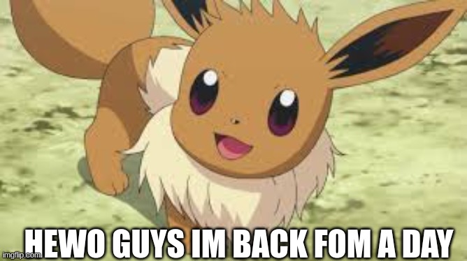 :D | HEWO GUYS IM BACK FOM A DAY | image tagged in eevee,back | made w/ Imgflip meme maker