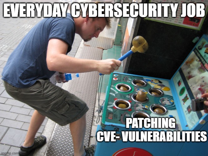 Cybersecurity Job | EVERYDAY CYBERSECURITY JOB; PATCHING 
CVE- VULNERABILITIES | image tagged in whack a mole,cybersecurity | made w/ Imgflip meme maker