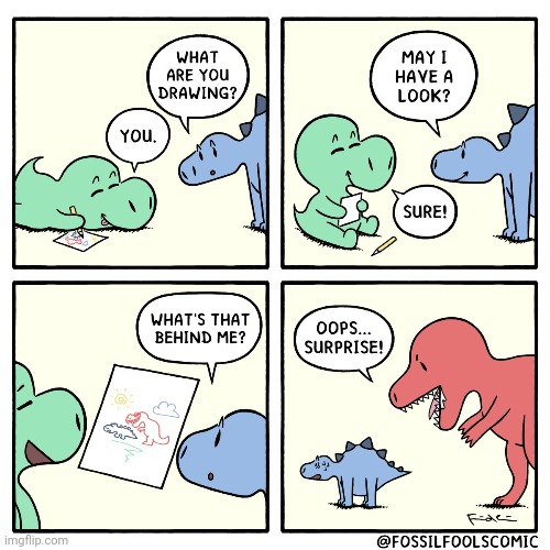 Such a spoiled surprise | image tagged in drawing,drawings,dinosaurs,surprise,comics,comics/cartoons | made w/ Imgflip meme maker