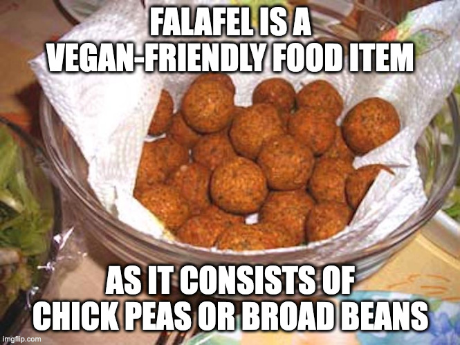 Falafel | FALAFEL IS A VEGAN-FRIENDLY FOOD ITEM; AS IT CONSISTS OF CHICK PEAS OR BROAD BEANS | image tagged in food,memes | made w/ Imgflip meme maker