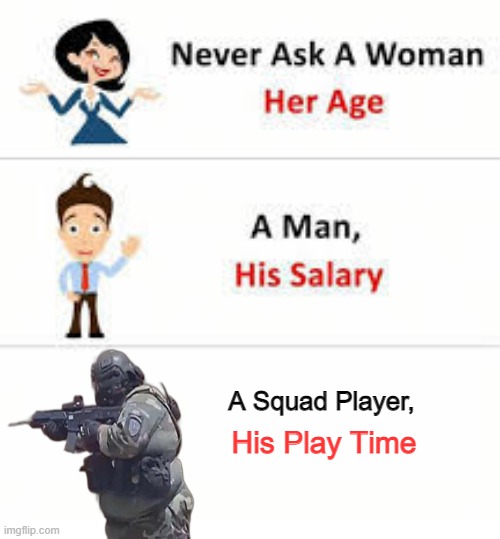 Never ask a Squad player his play time |  A Squad Player, His Play Time | image tagged in obese,squad,gaming,steam,toxic,soldier | made w/ Imgflip meme maker