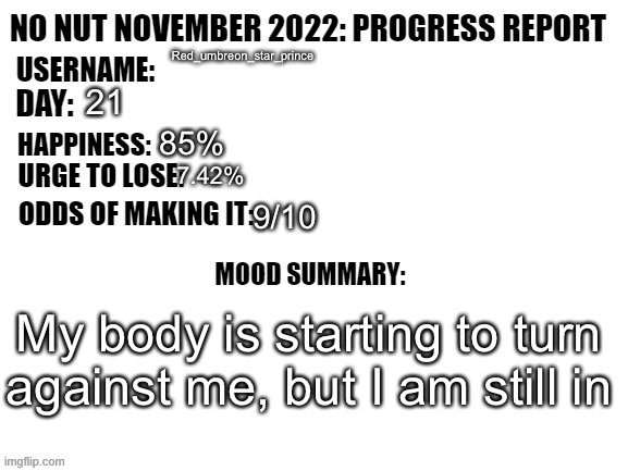 Because why tf not | Red_umbreon_star_prince; 21; 85%; 7.42%; 9/10; My body is starting to turn against me, but I am still in | image tagged in no nut november 2022 progress report | made w/ Imgflip meme maker