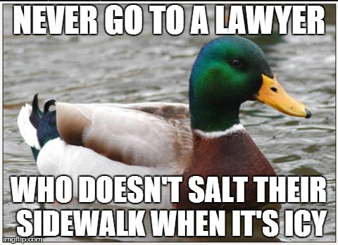 Actual Advice Mallard Meme | NEVER GO TO A LAWYER WHO DOESN'T SALT THEIR SIDEWALK WHEN IT'S ICY | image tagged in memes,actual advice mallard,AdviceAnimals | made w/ Imgflip meme maker