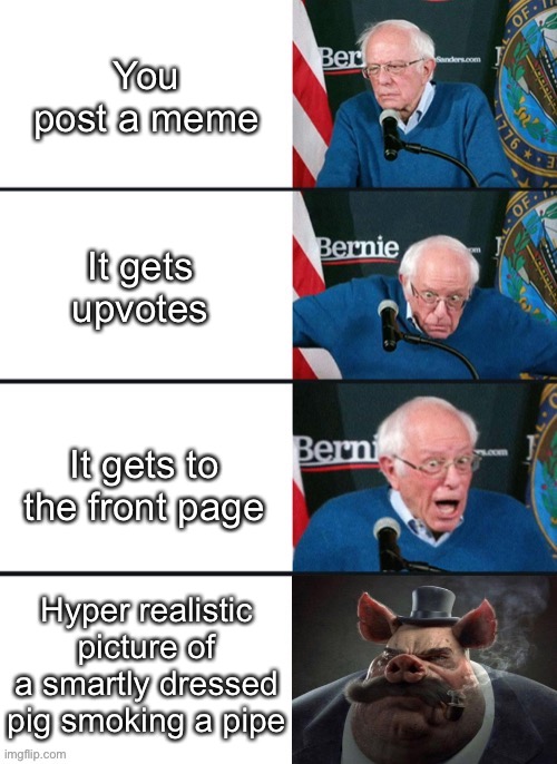 Bernie Sander Reaction (change) | You post a meme; It gets upvotes; It gets to the front page; Hyper realistic picture of a smartly dressed pig smoking a pipe | image tagged in bernie sander reaction change | made w/ Imgflip meme maker