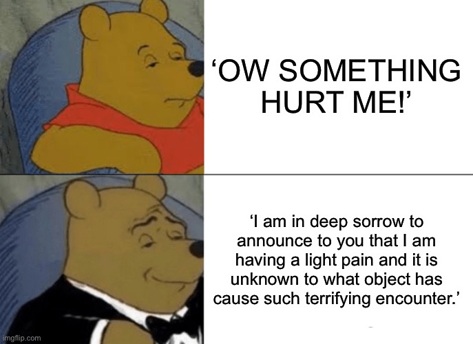 Bri’ish | ‘OW SOMETHING HURT ME!’; ‘I am in deep sorrow to announce to you that I am having a light pain and it is unknown to what object has cause such terrifying encounter.’ | image tagged in memes,tuxedo winnie the pooh | made w/ Imgflip meme maker