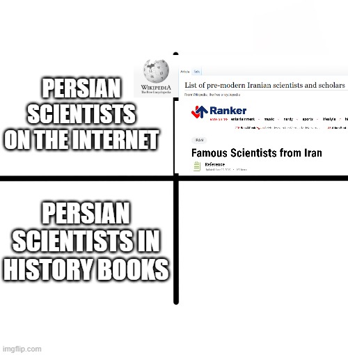 iran a nation who's scientists exist only on the internet | PERSIAN SCIENTISTS ON THE INTERNET; PERSIAN SCIENTISTS IN HISTORY BOOKS | image tagged in memes,blank starter pack,iran,persia,persian,scientists | made w/ Imgflip meme maker