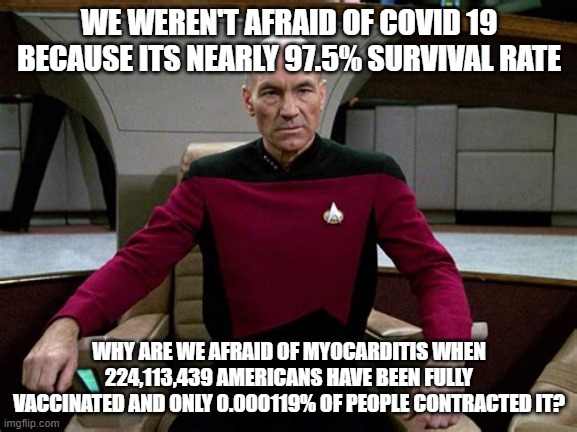 I am a conservative ,  but this fear peddling from both sides need to stop | WE WEREN'T AFRAID OF COVID 19 BECAUSE ITS NEARLY 97.5% SURVIVAL RATE; WHY ARE WE AFRAID OF MYOCARDITIS WHEN 224,113,439 AMERICANS HAVE BEEN FULLY VACCINATED AND ONLY 0.000119% OF PEOPLE CONTRACTED IT? | image tagged in truth,show me the real,data,hypocrisy,political meme | made w/ Imgflip meme maker