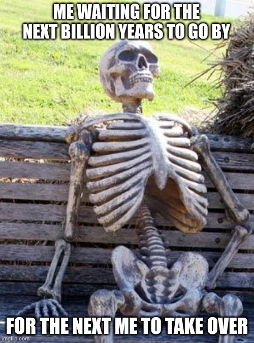 Waiting Skeleton Meme | ME WAITING FOR THE NEXT BILLION YEARS TO GO BY; FOR THE NEXT ME TO TAKE OVER | image tagged in memes,waiting skeleton | made w/ Imgflip meme maker