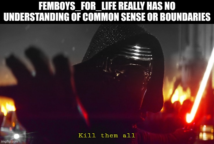 Any femboy stream is just really bad in general | FEMBOYS_FOR_LIFE REALLY HAS NO UNDERSTANDING OF COMMON SENSE OR BOUNDARIES; Kill them all | image tagged in kylo ren kill them all | made w/ Imgflip meme maker