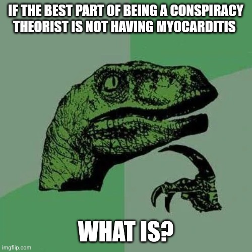 Do tell | IF THE BEST PART OF BEING A CONSPIRACY THEORIST IS NOT HAVING MYOCARDITIS; WHAT IS? | image tagged in raptor asking questions | made w/ Imgflip meme maker