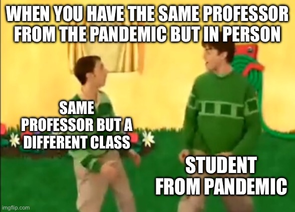 Steve and Joe | WHEN YOU HAVE THE SAME PROFESSOR FROM THE PANDEMIC BUT IN PERSON; SAME PROFESSOR BUT A DIFFERENT CLASS; STUDENT FROM PANDEMIC | image tagged in steve and joe | made w/ Imgflip meme maker