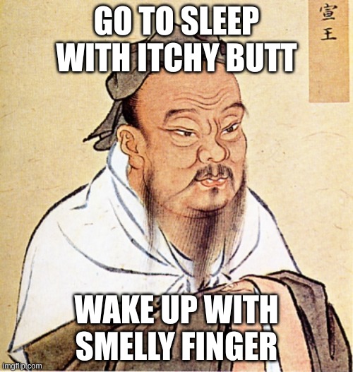 wise words | GO TO SLEEP WITH ITCHY BUTT; WAKE UP WITH SMELLY FINGER | image tagged in confucius says,funny | made w/ Imgflip meme maker