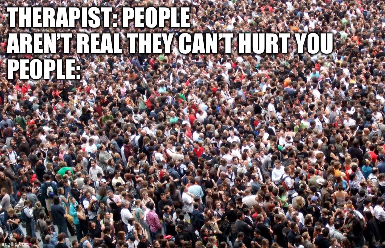 crowd of people | THERAPIST: PEOPLE AREN’T REAL THEY CAN’T HURT YOU
PEOPLE: | image tagged in crowd of people | made w/ Imgflip meme maker