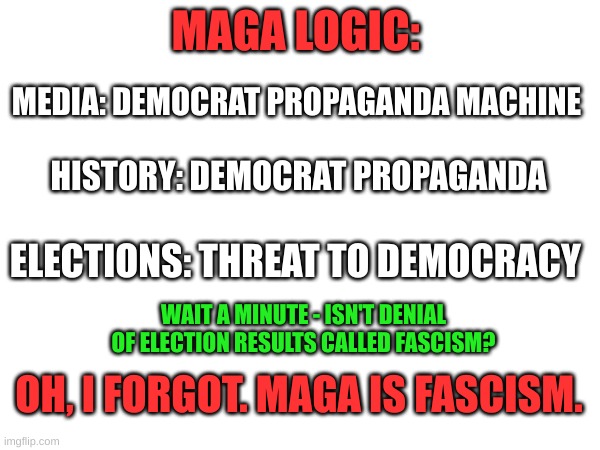Maga Memes | MAGA LOGIC:; MEDIA: DEMOCRAT PROPAGANDA MACHINE; HISTORY: DEMOCRAT PROPAGANDA; ELECTIONS: THREAT TO DEMOCRACY; WAIT A MINUTE - ISN'T DENIAL OF ELECTION RESULTS CALLED FASCISM? OH, I FORGOT. MAGA IS FASCISM. | image tagged in maga,logic | made w/ Imgflip meme maker