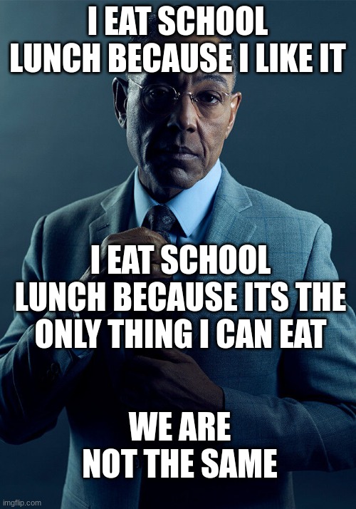school lunch be like | I EAT SCHOOL LUNCH BECAUSE I LIKE IT; I EAT SCHOOL LUNCH BECAUSE ITS THE ONLY THING I CAN EAT; WE ARE NOT THE SAME | image tagged in gus fring we are not the same | made w/ Imgflip meme maker