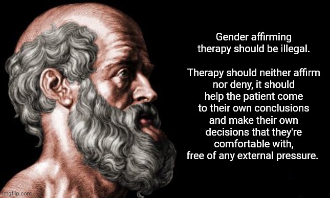 First do no harm. | Gender affirming therapy should be illegal.
 
Therapy should neither affirm nor deny, it should help the patient come to their own conclusions and make their own decisions that they're comfortable with, free of any external pressure. | image tagged in memes,politics,hippocrates,gender | made w/ Imgflip meme maker