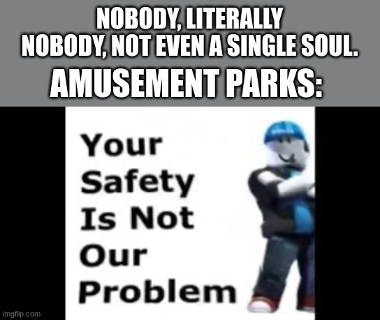 its true | NOBODY, LITERALLY NOBODY, NOT EVEN A SINGLE SOUL. AMUSEMENT PARKS: | image tagged in your safety is not are problem | made w/ Imgflip meme maker