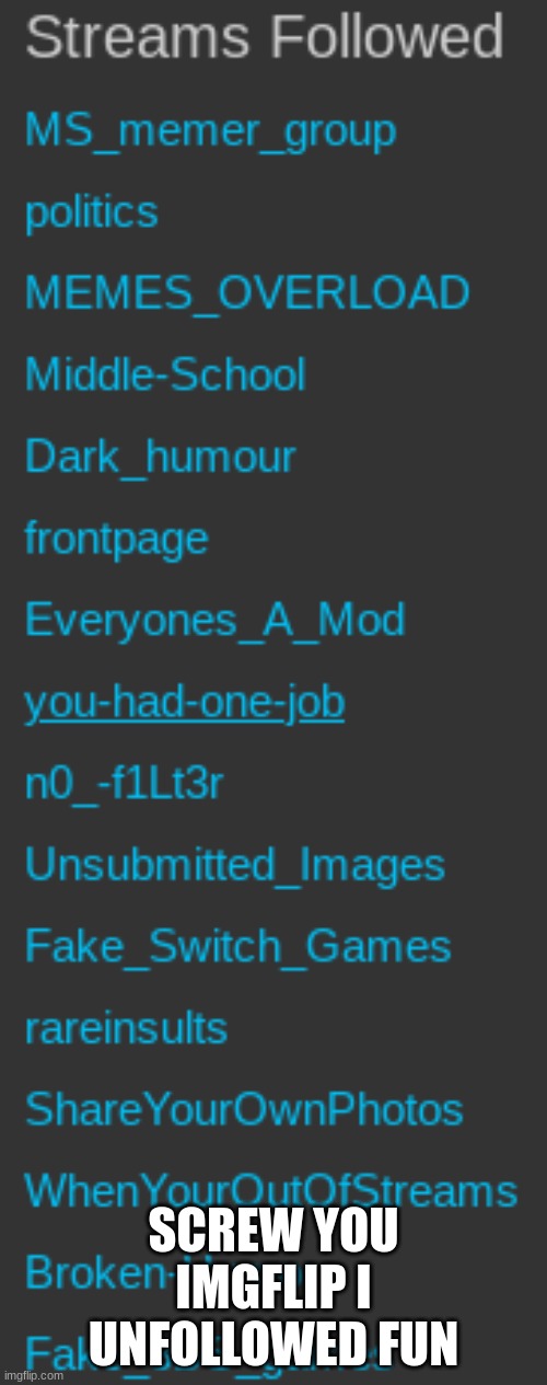 SCREW YOU IMGFLIP I UNFOLLOWED FUN | image tagged in fun stream | made w/ Imgflip meme maker