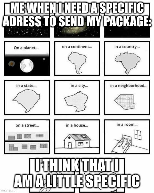 in a universe in a galaxy person thinking | ME WHEN I NEED A SPECIFIC ADRESS TO SEND MY PACKAGE:; I THINK THAT I AM A LITTLE SPECIFIC | image tagged in in a universe in a galaxy person thinking | made w/ Imgflip meme maker