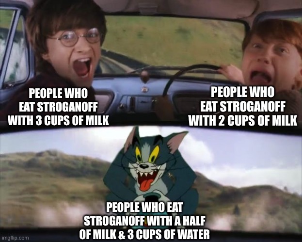 Tom chasing Harry and Ron Weasly | PEOPLE WHO EAT STROGANOFF WITH 2 CUPS OF MILK; PEOPLE WHO EAT STROGANOFF WITH 3 CUPS OF MILK; PEOPLE WHO EAT STROGANOFF WITH A HALF OF MILK & 3 CUPS OF WATER | image tagged in tom chasing harry and ron weasly,memes,funny,food,dinner,food memes | made w/ Imgflip meme maker