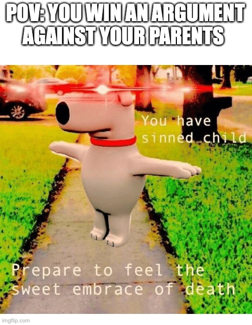 Not fair | POV: YOU WIN AN ARGUMENT AGAINST YOUR PARENTS | image tagged in you have sinned child prepare to feel the sweet embrace of death | made w/ Imgflip meme maker