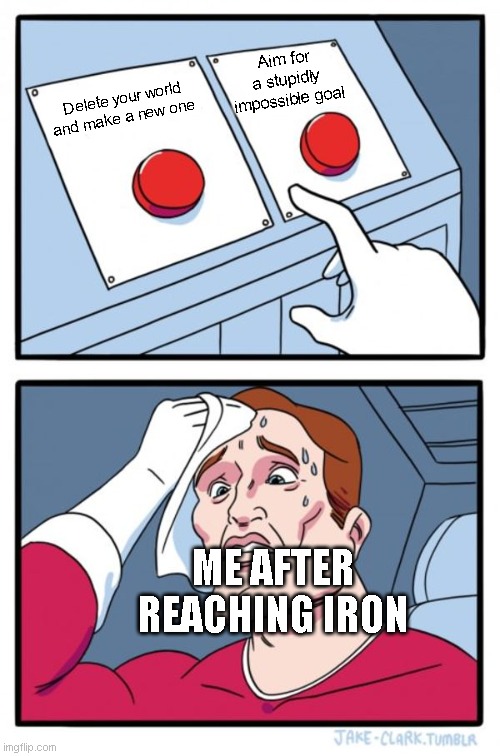 Two Buttons Meme | Aim for a stupidly impossible goal; Delete your world and make a new one; ME AFTER REACHING IRON | image tagged in memes,two buttons | made w/ Imgflip meme maker