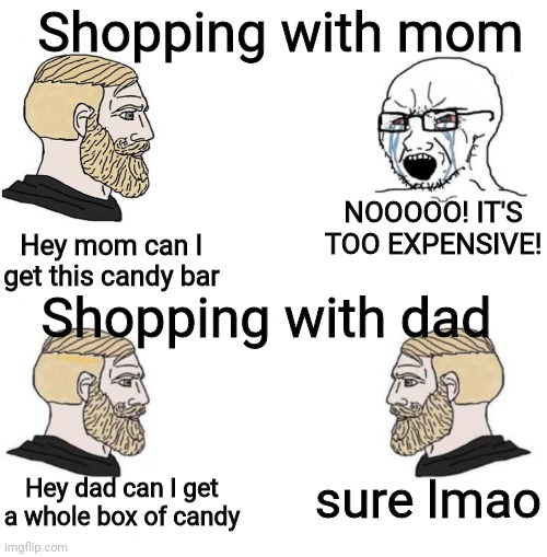 Chad we know | Shopping with mom; NOOOOO! IT'S TOO EXPENSIVE! Hey mom can I get this candy bar; Shopping with dad; Hey dad can I get a whole box of candy; sure lmao | image tagged in chad we know | made w/ Imgflip meme maker