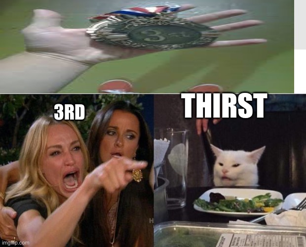 Man I’m 3rsty | THIRST; 3RD | image tagged in memes,woman yelling at cat | made w/ Imgflip meme maker