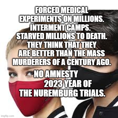 Mask Couple | FORCED MEDICAL EXPERIMENTS ON MILLIONS. INTERMENT CAMPS.  
STARVED MILLIONS TO DEATH. THEY THINK THAT THEY ARE BETTER THAN THE MASS MURDERERS OF A CENTURY AGO. NO AMNESTY                2023 YEAR OF   THE NUREMBURG TRIALS. | image tagged in mask couple | made w/ Imgflip meme maker