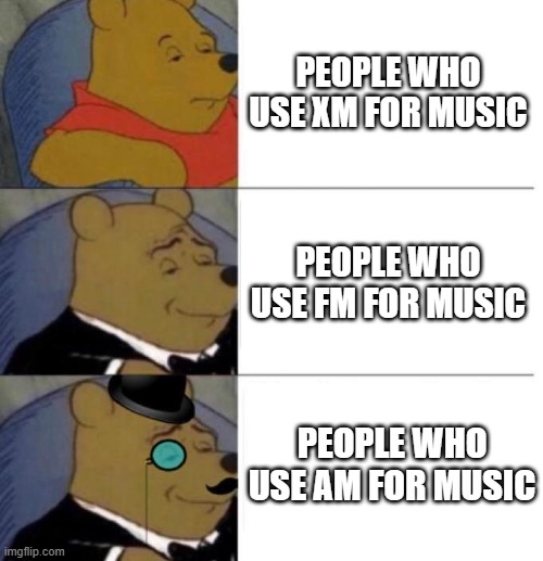 What music radios do you use? | PEOPLE WHO USE XM FOR MUSIC; PEOPLE WHO USE FM FOR MUSIC; PEOPLE WHO USE AM FOR MUSIC | image tagged in tuxedo winnie the pooh 3 panel | made w/ Imgflip meme maker